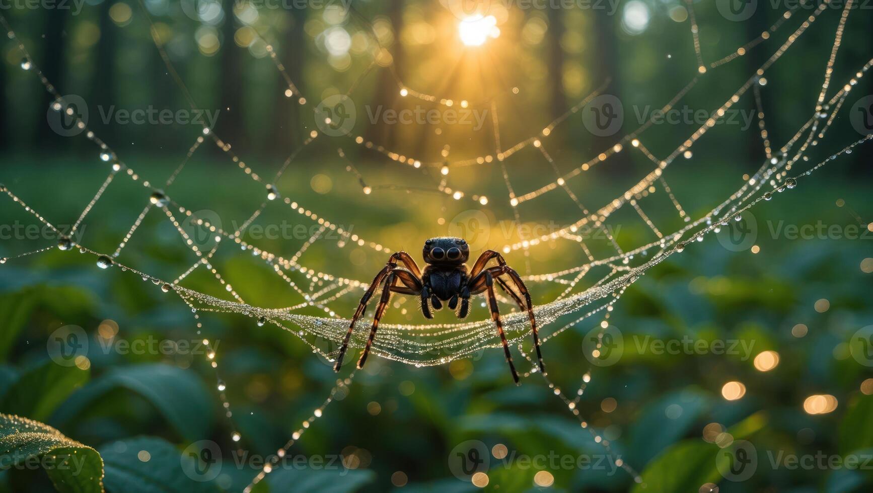 Spider on Dew Covered Web in Forest at Sunrise Captivating Macro photo