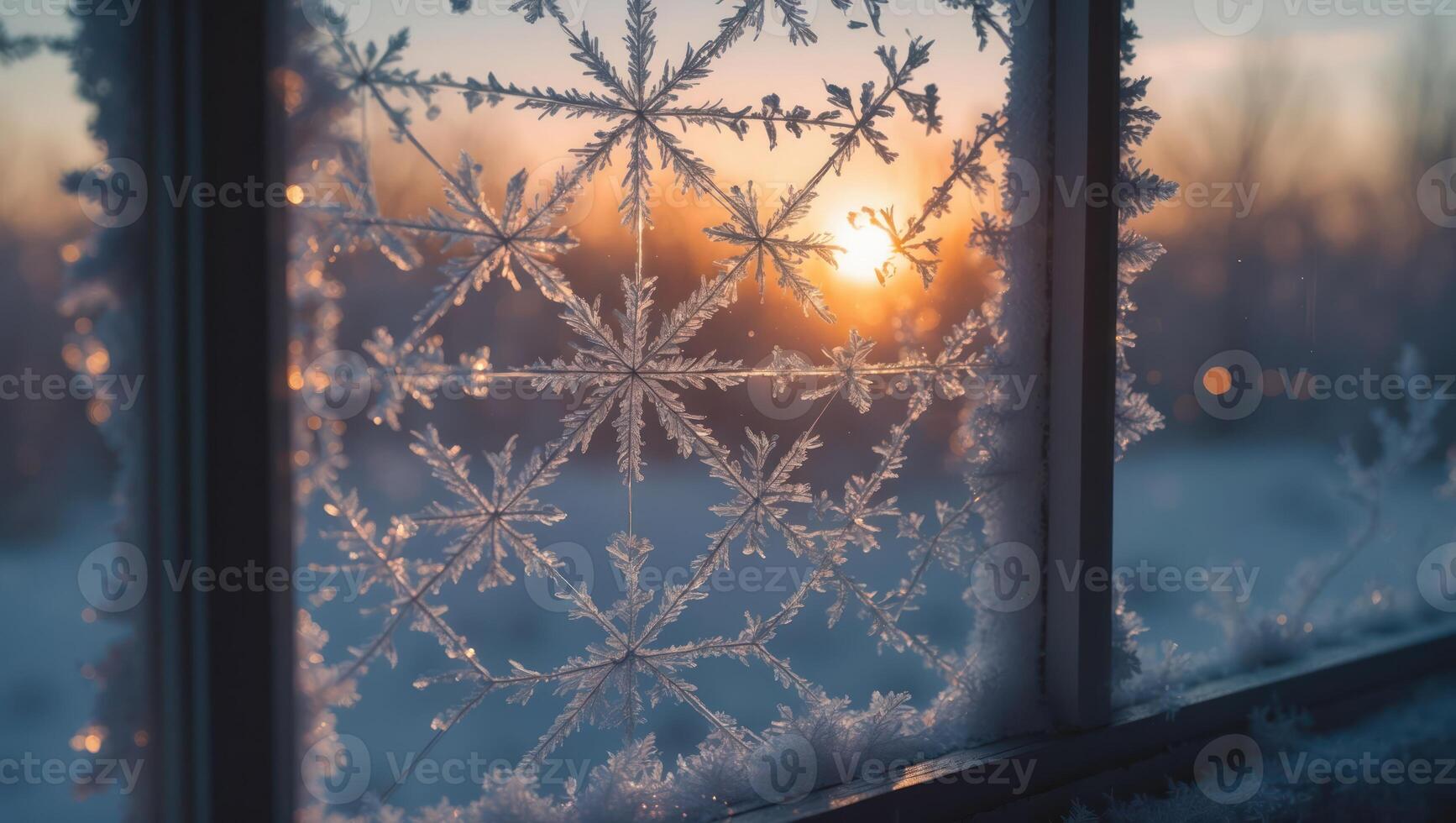Frosty Window with Snowflake Patterns Illuminates a Winter Sunset Scene photo