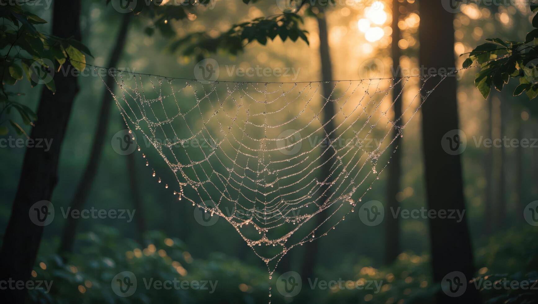 Spiderweb with Dew in Forest at Dawn Capturing the Light photo