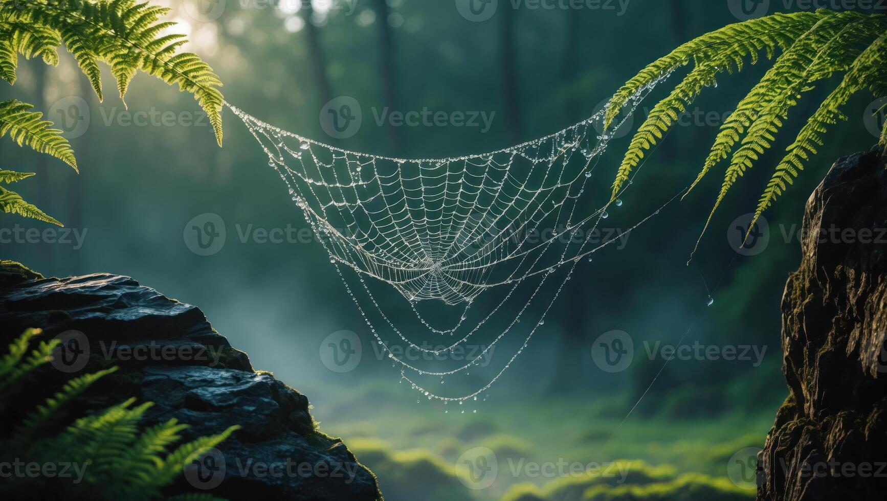 Dew Covered Spiderweb Hanging Between Ferns in a Misty Forest photo
