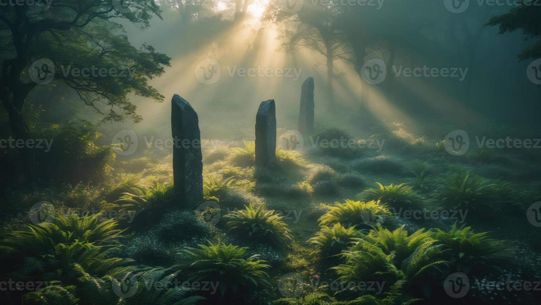 Standing Stones in Misty Forest with Sunlight Streaming Through Trees photo