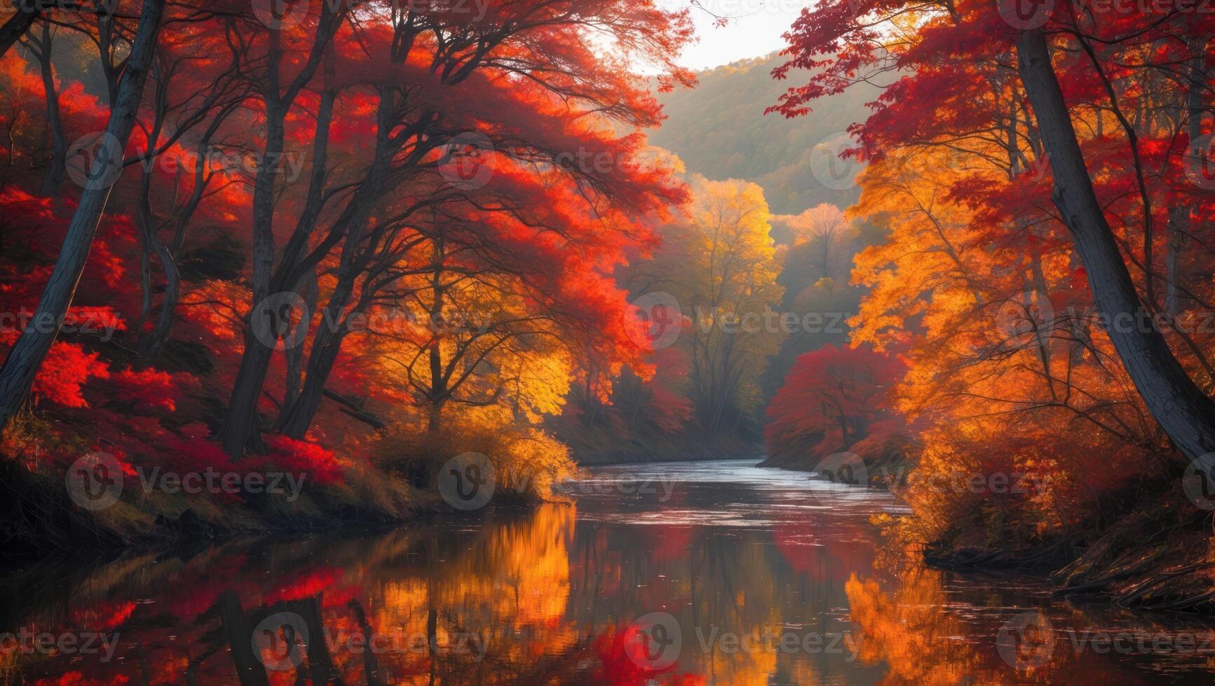 River Reflecting Colorful Autumn Trees in Forest Landscape Scenery photo