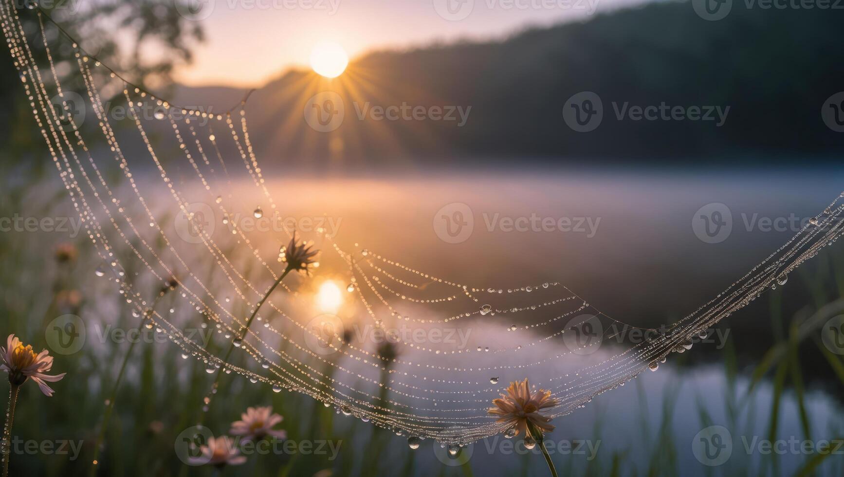 Spiderweb with Dew Drops Shimmering at Sunrise Over Misty Lake photo