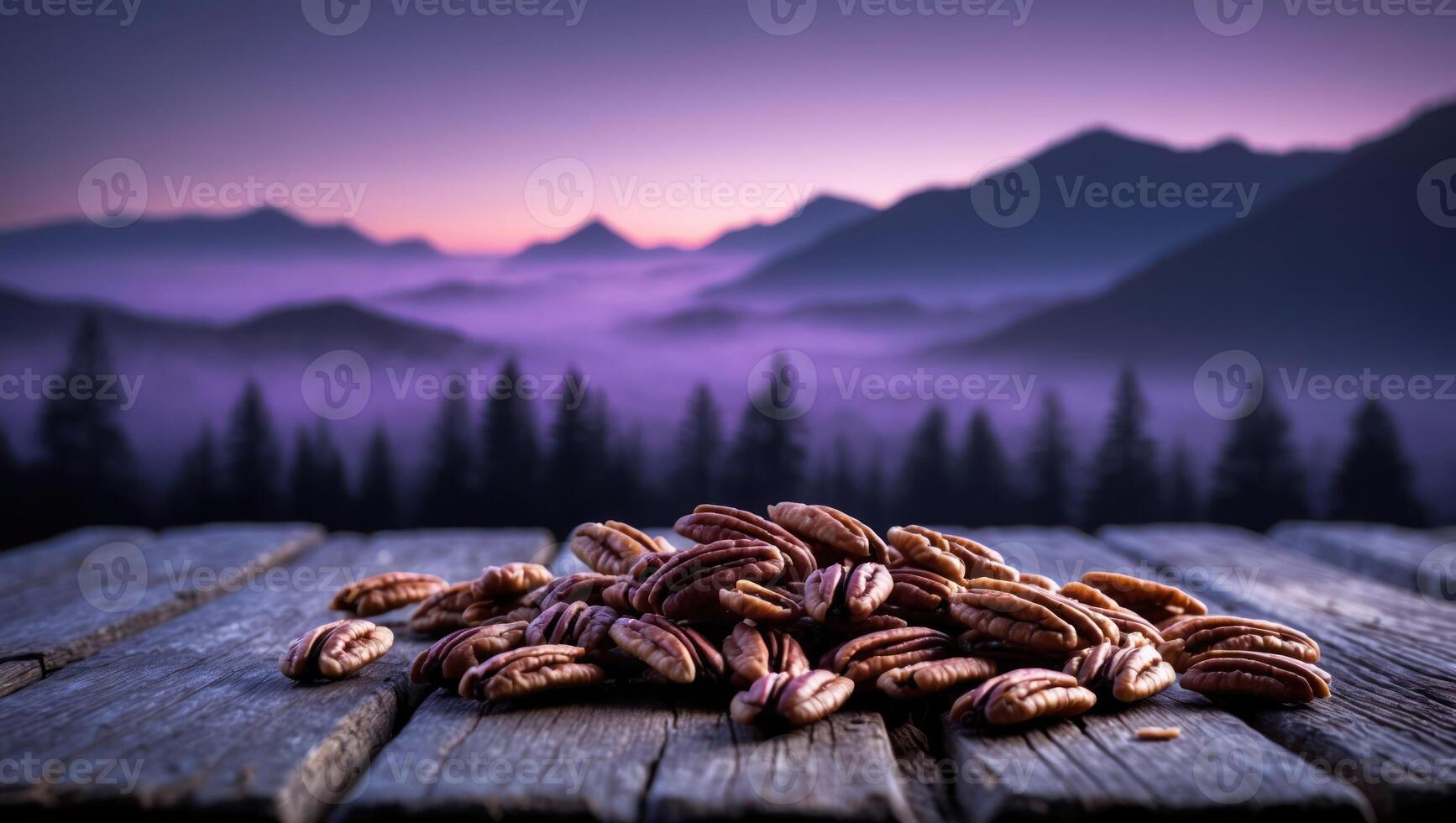 Pile of Pecan Nuts on Wooden Table with Mountain Background photo