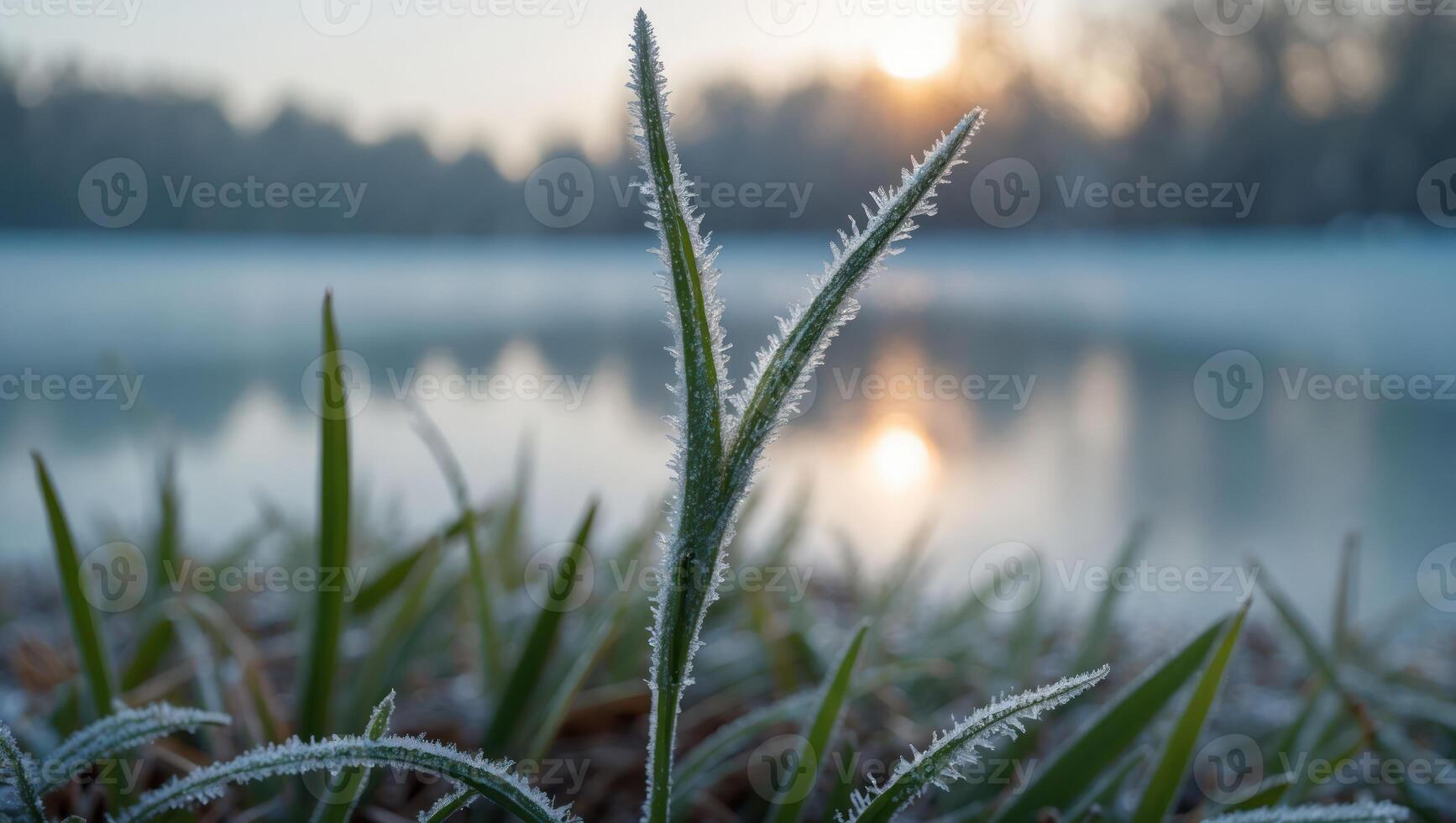 Frosty Grass Blades Glistening at Sunrise Near a Tranquil Lake photo