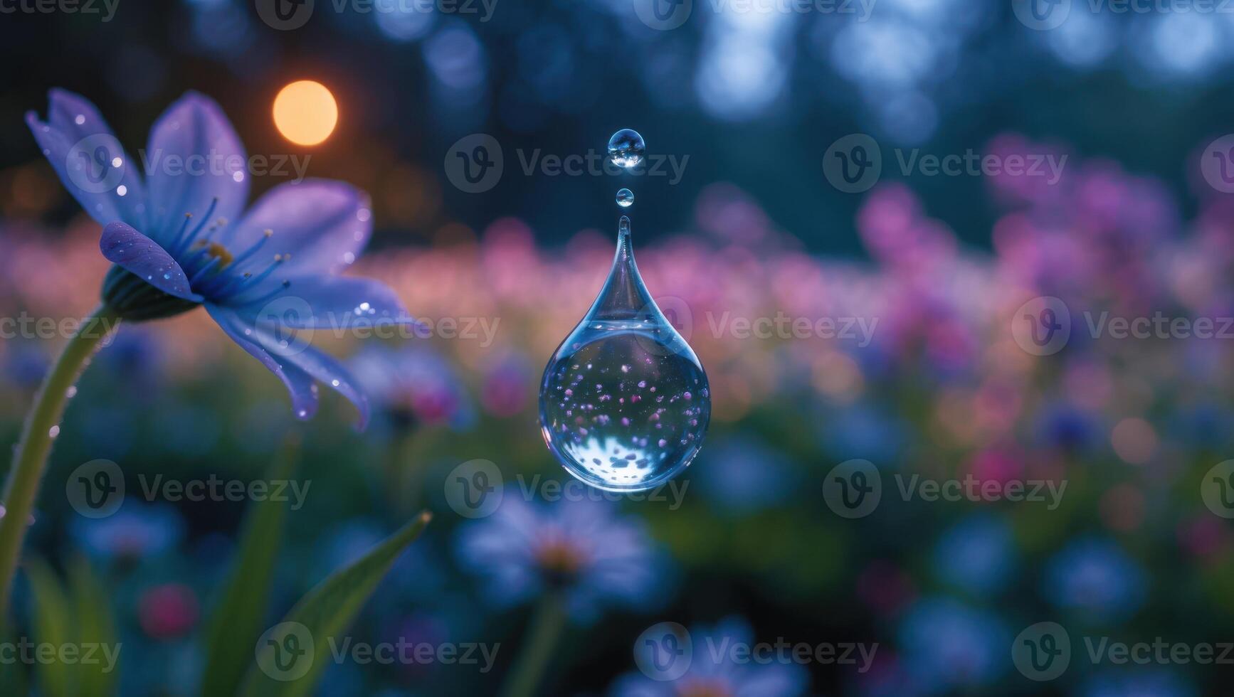 Water Drop Suspended Above Flower Field Captures Reflected Blooms photo