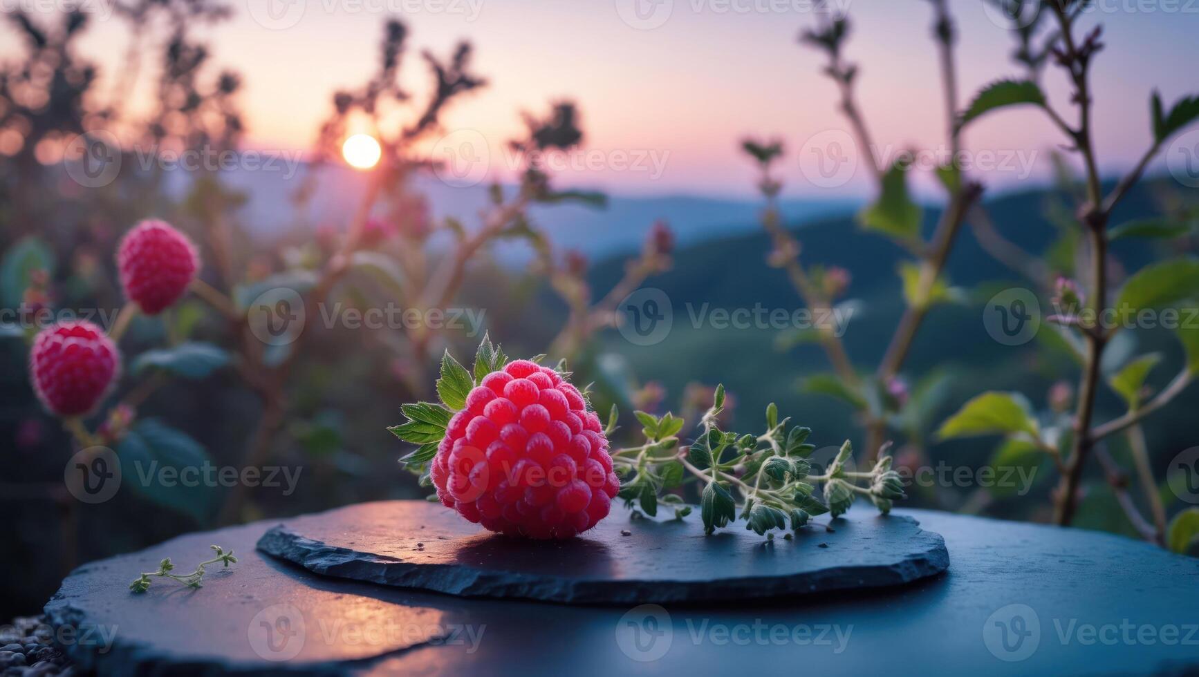 Raspberry Still Life at Sunset with Green Herbs on Slate photo