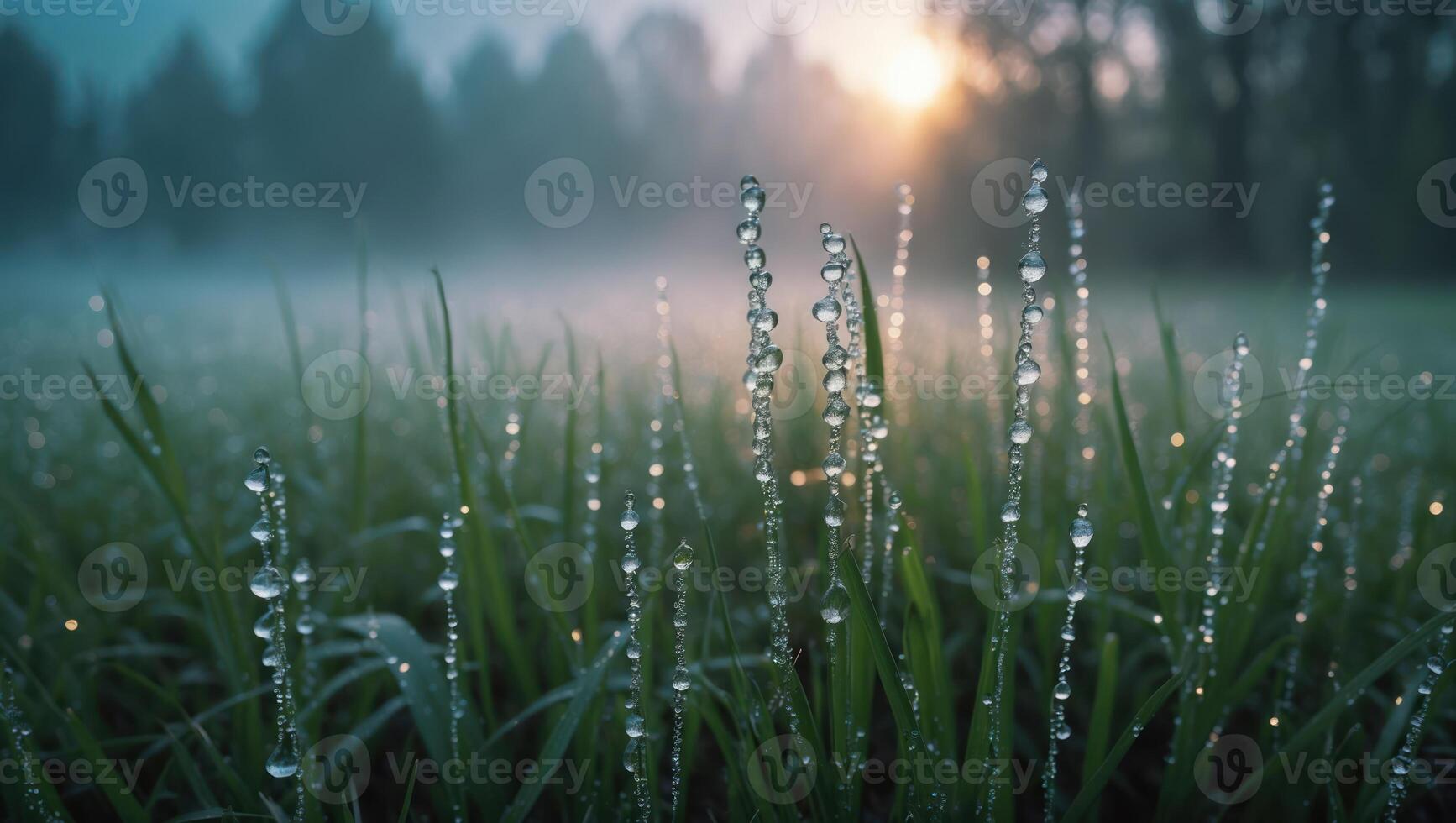 Morning Dew Drops on Grass in Foggy Field at Sunrise photo