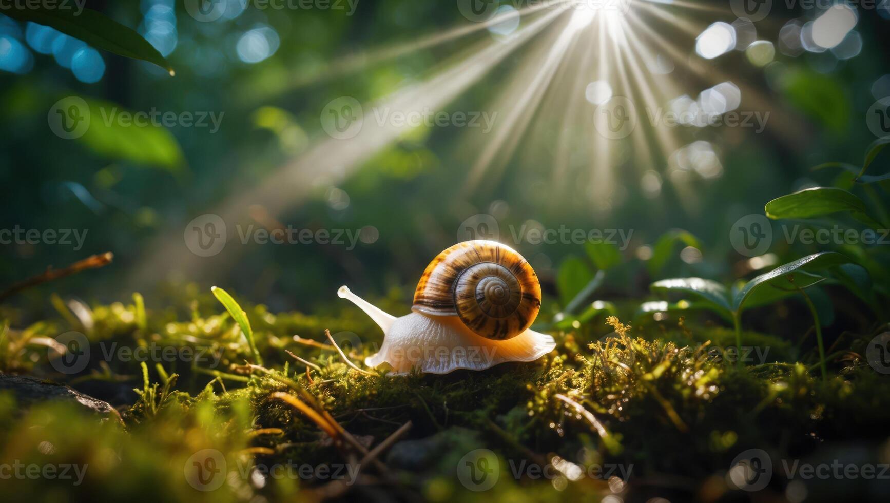 Snail Crawling Through Mossy Forest with Sunlight Bursting Through Trees photo