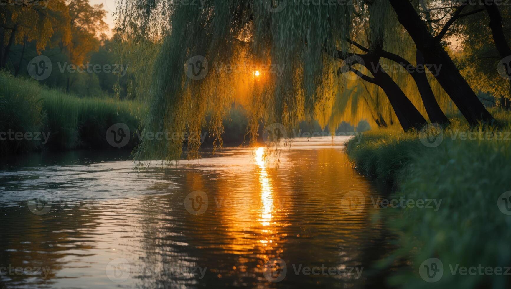 River Flowing Under Weeping Willow Trees with a Golden Sunset Light photo