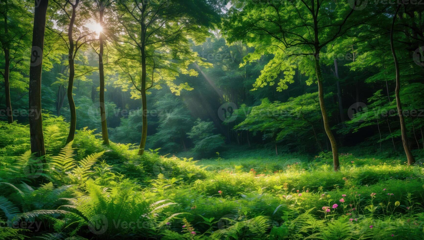Sun Rays Streaming Through Green Forest Canopy with Ferns and Trees photo