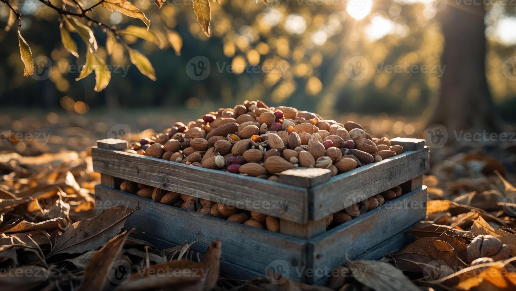 Harvested Nuts Overflowing Wooden Crate in Autumn Foliage Bathed in Sunlight photo