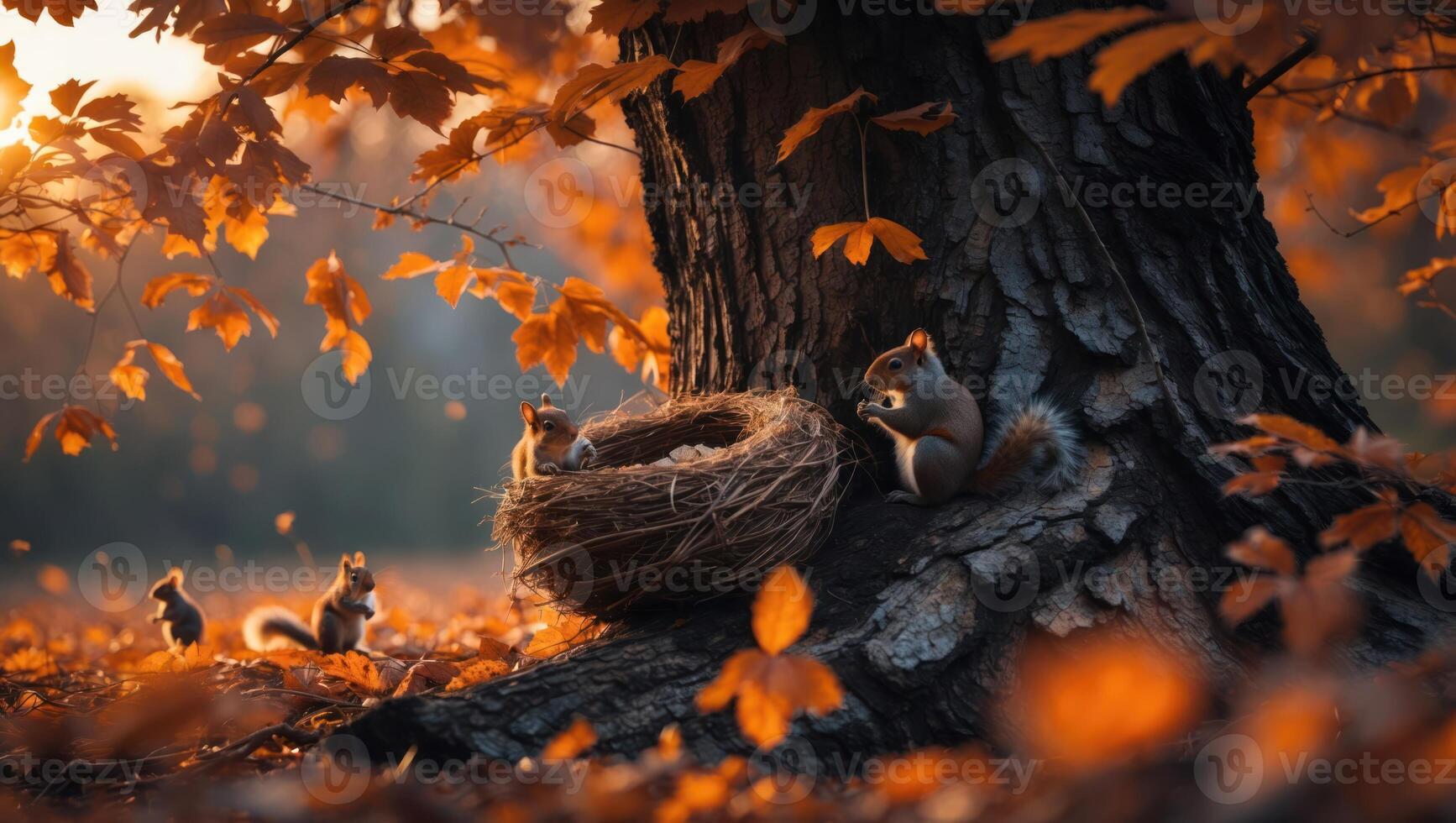 Squirrels Gathering at Autumn Tree Base with Nest and Fallen Leaves photo