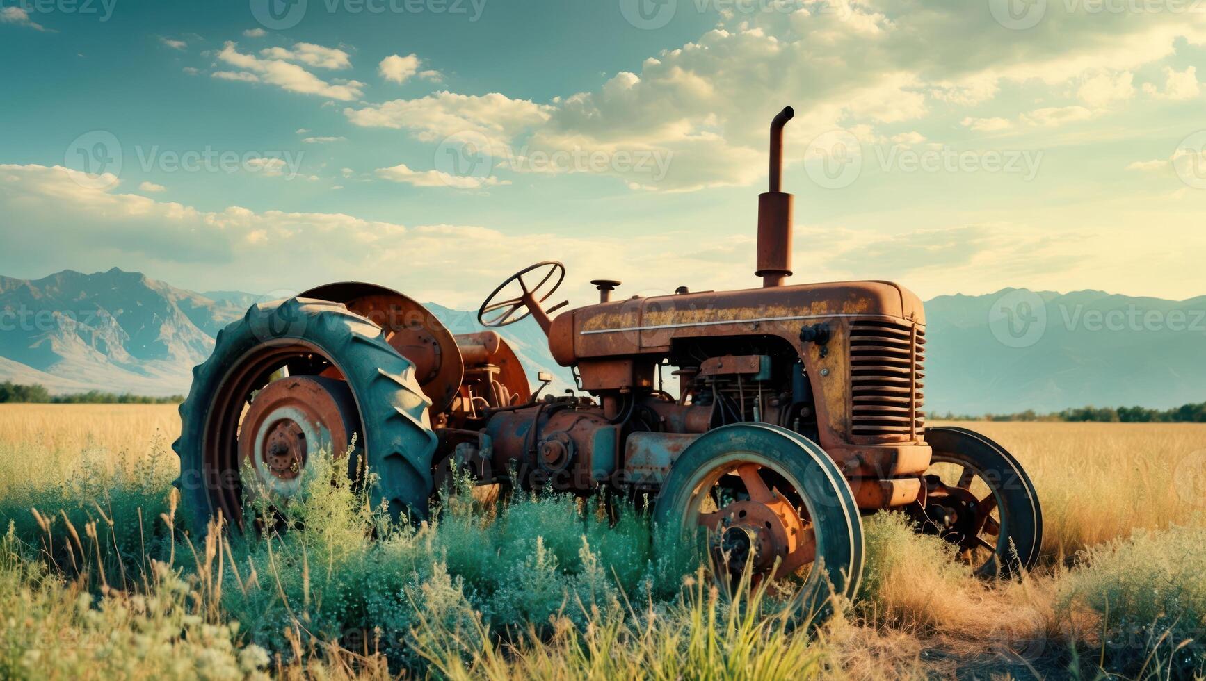 Old Rusty Tractor Sits in Field Under Open Blue Sky photo