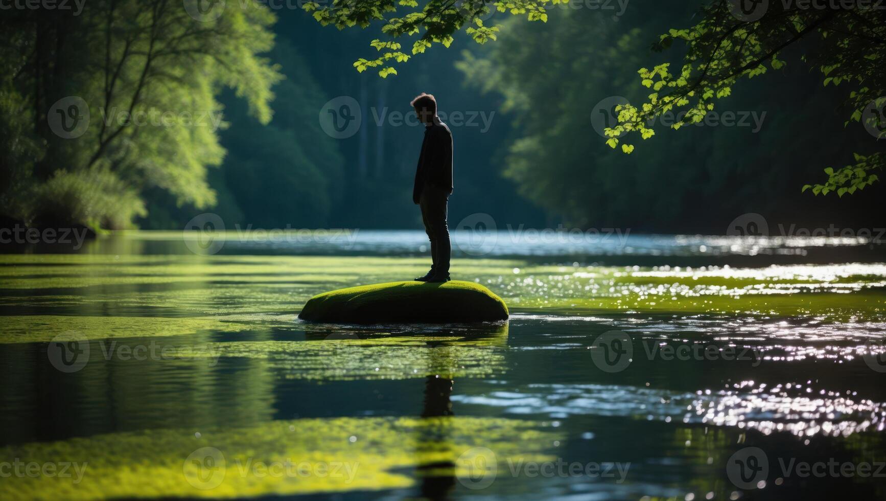 Man Standing on Mossy Rock in Peaceful Lake Surrounded by Forest photo