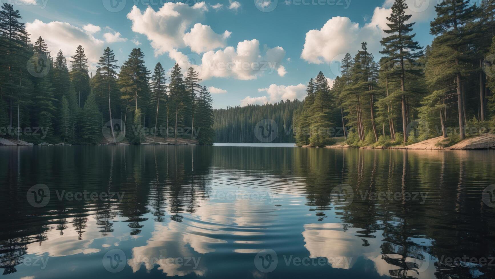 Calm Lake Reflection Surrounded by Green Forest and Cloudy Sky photo