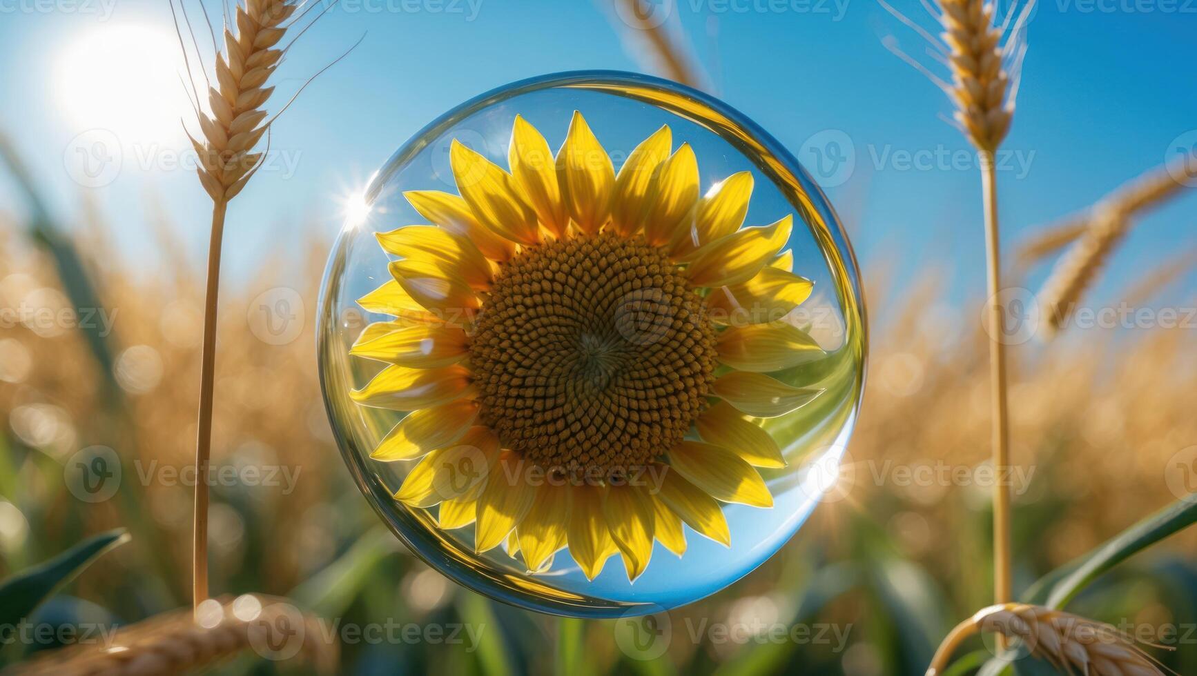 Sunflower Inside Crystal Ball with Wheat Field and Sunny Blue Sky photo