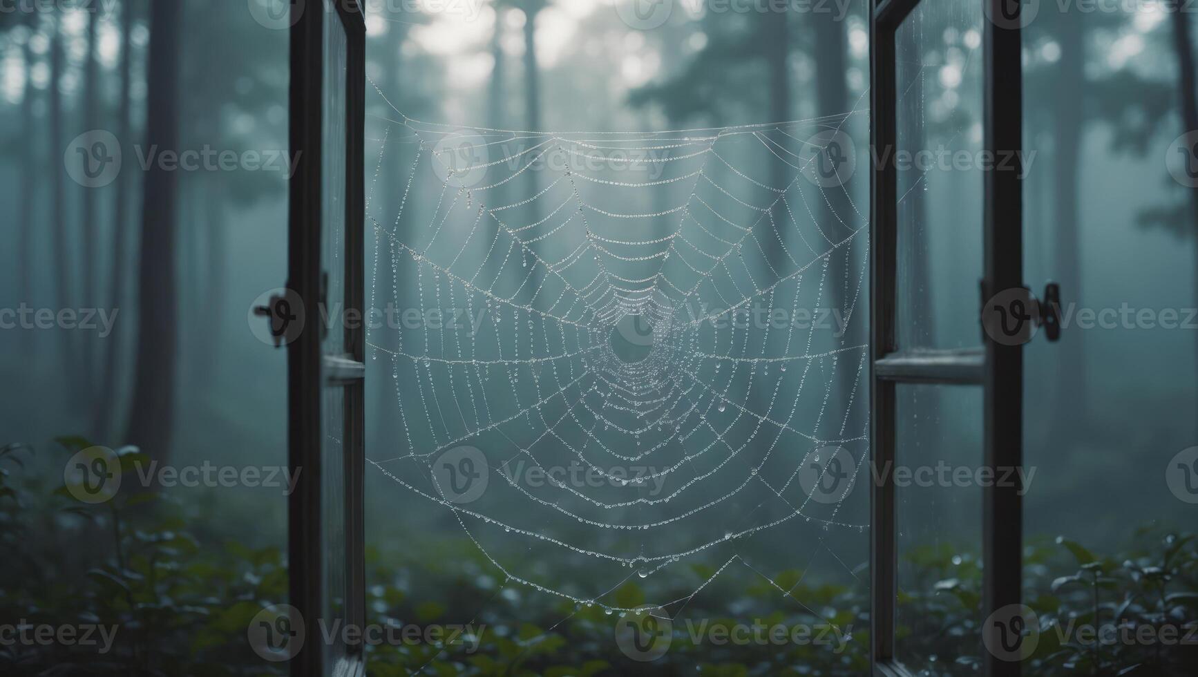 Spiderweb Covered in Dew Drops Hangs in Open Window to Forest photo