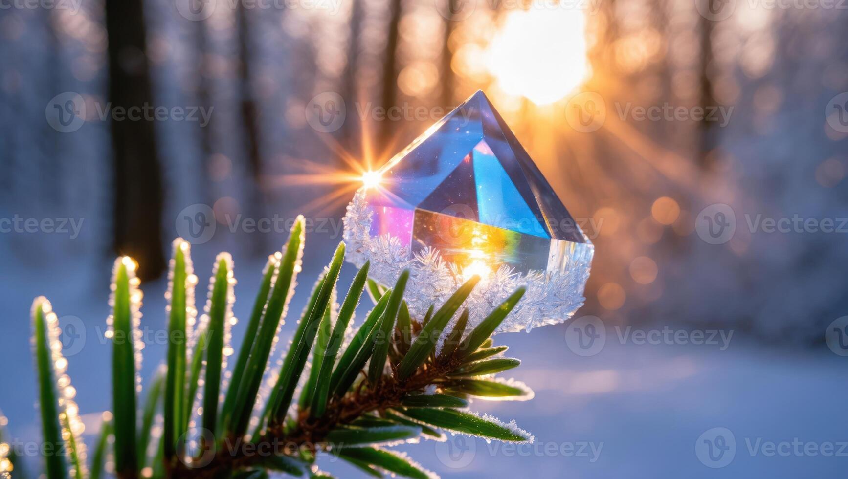 Glass Pyramid on Fir Branch with Winter Sunlight and Rainbow Reflection photo