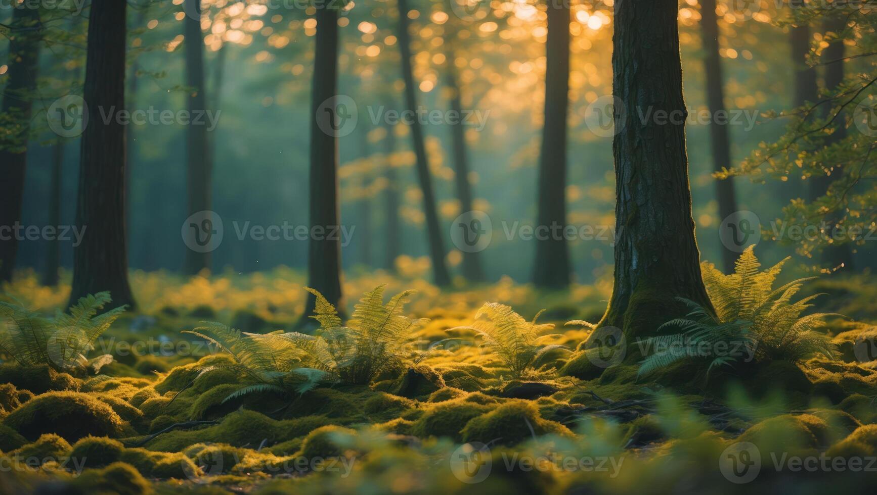 Sunlight Illuminates a Forest Floor with Moss and Ferns at Dawn photo