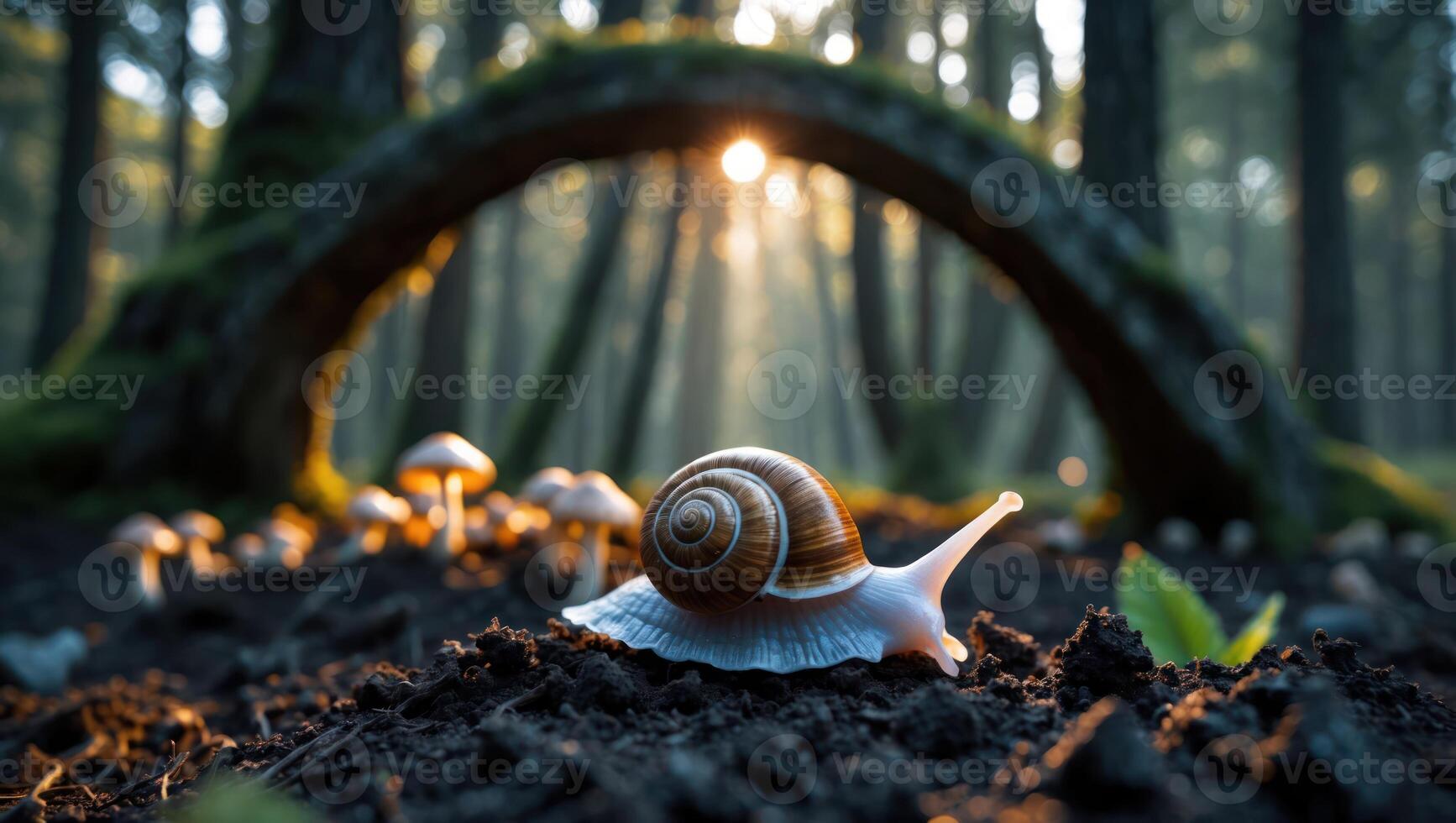 Snail Crawling in Forest with Mushrooms and Sunlight Through Trees photo