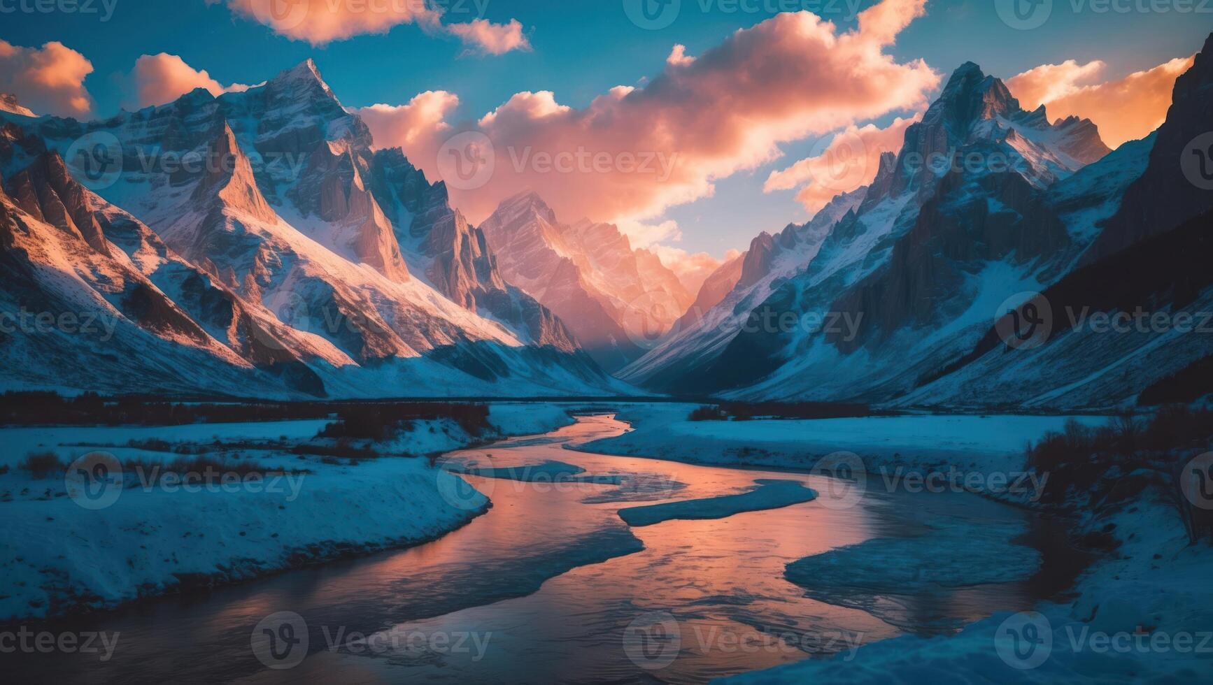 Snowy Mountains and River Scene at Sunset with Orange Hues photo