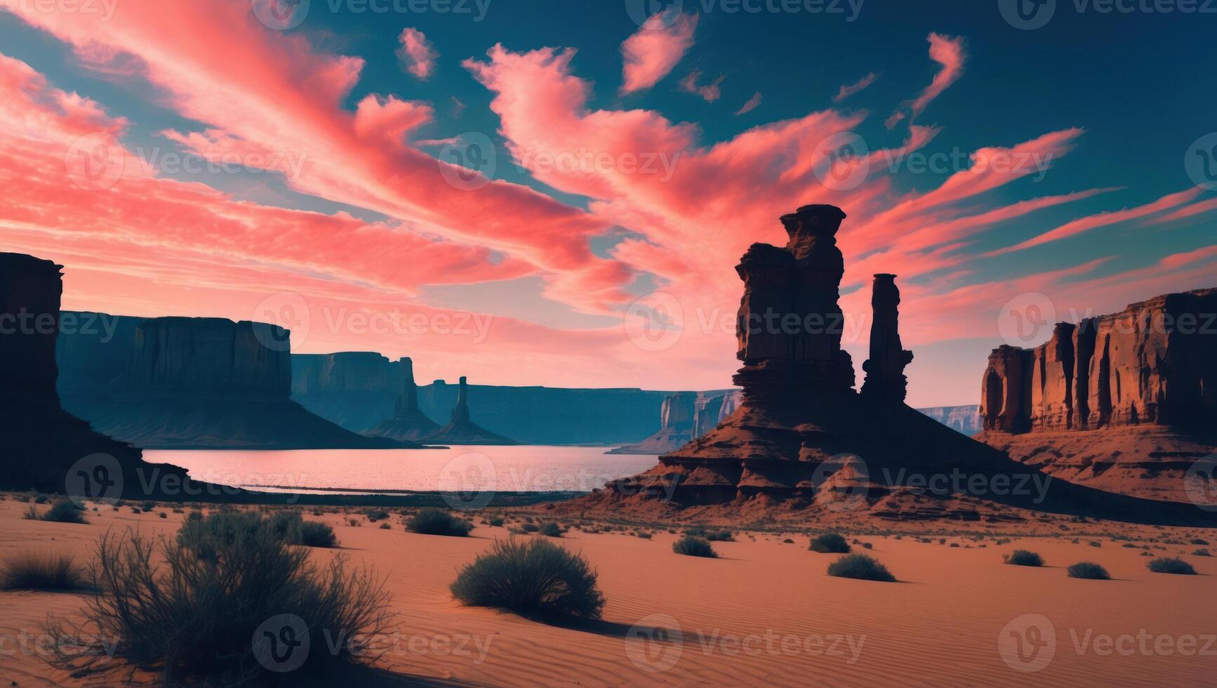 Sandstone Buttes Desert Landscape with Colorful Sunset Sky Reflection photo