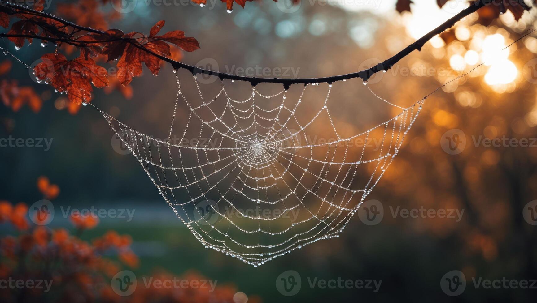 Spiderweb with Water Droplets Hanging From a Branch in Autumn photo