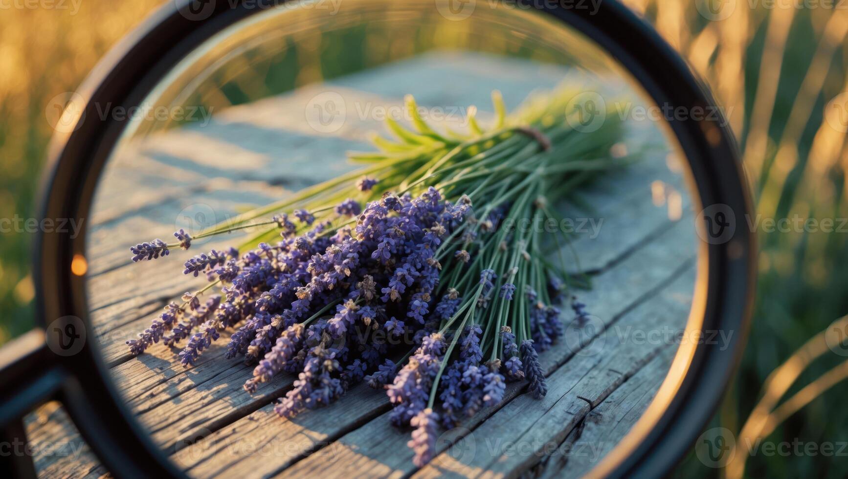 Lavender Bouquet on Rustic Wood Table Viewed Through Magnifying Glass photo