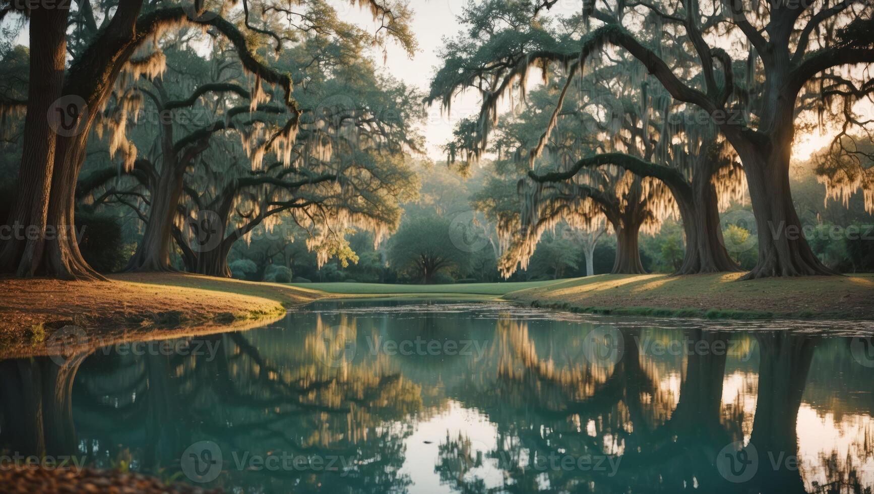 Tranquil Pond Reflecting Trees in Lush Green Landscape at Sunrise photo