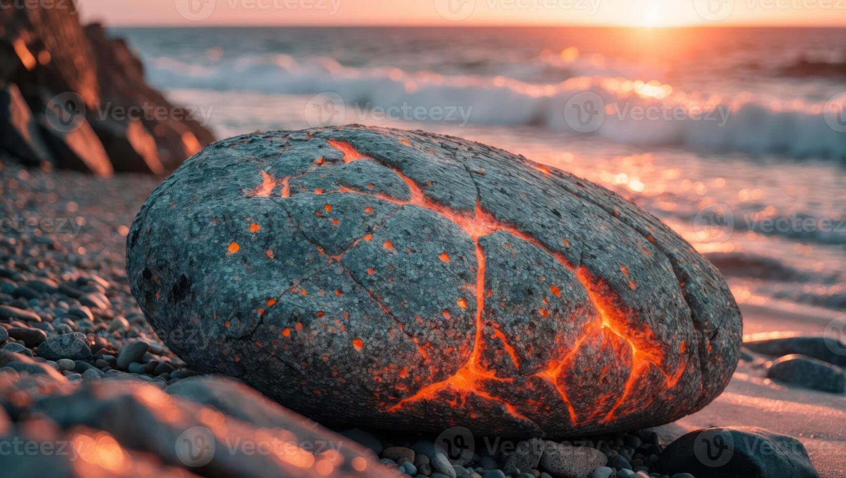 Glowing Stone on Pebble Beach at Sunset with Ocean Waves photo