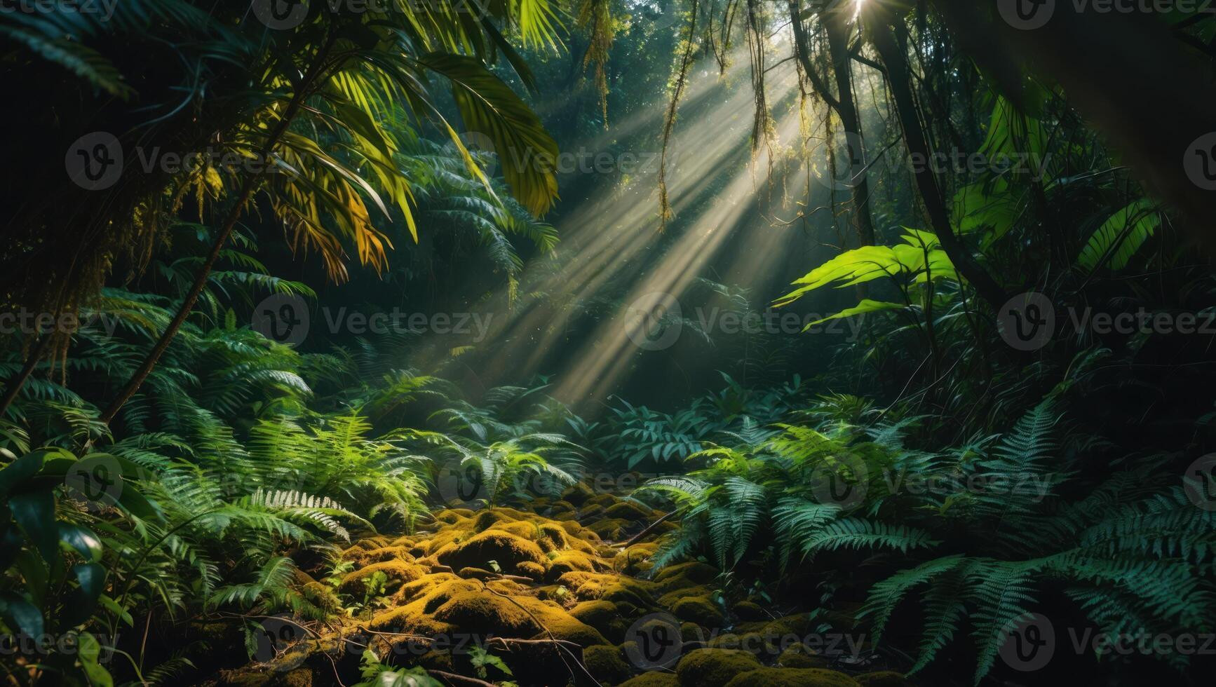 Sunlight Streaming Through Lush Tropical Forest with Ferns and Moss photo
