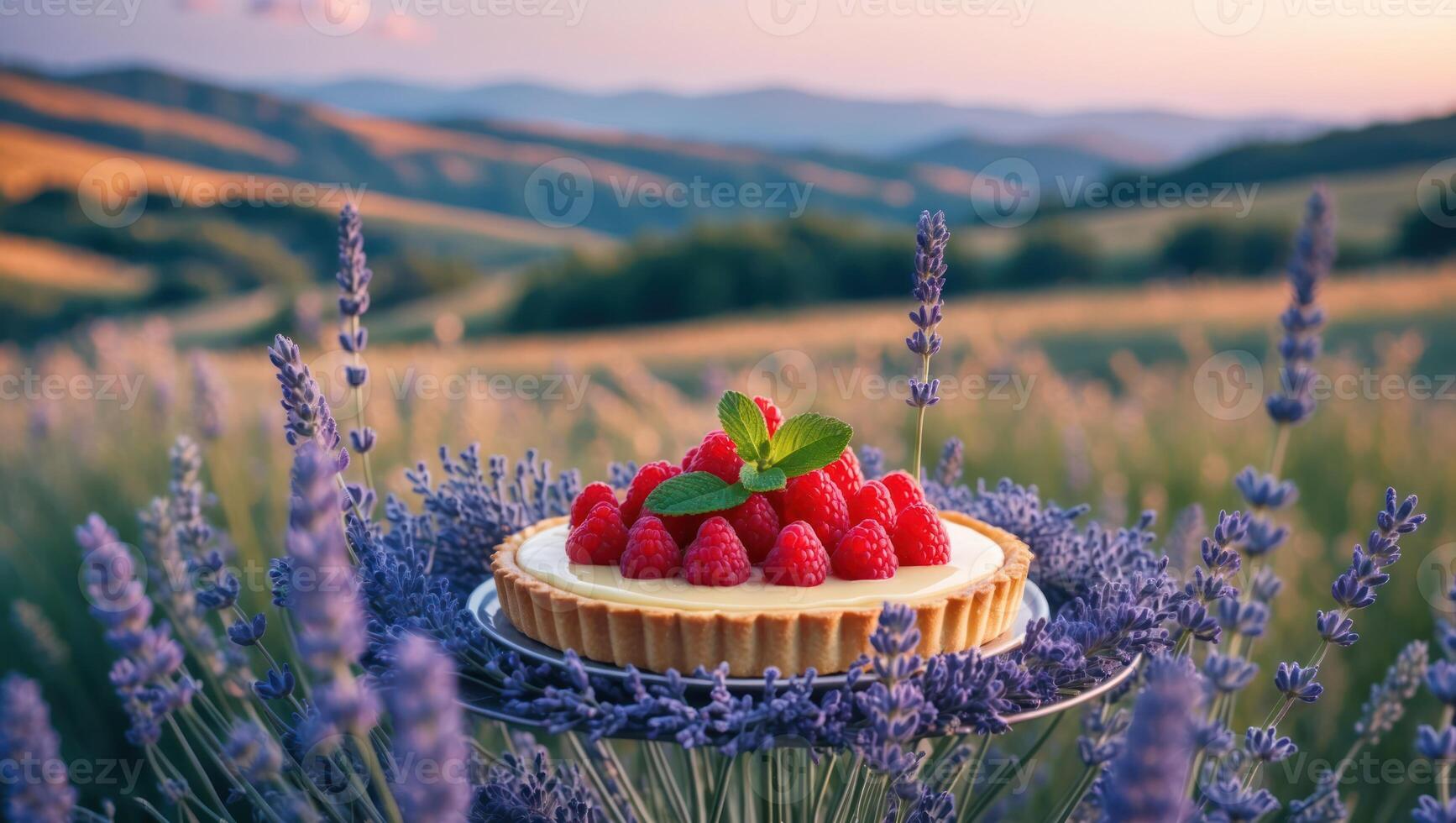 Raspberry Tart Displayed in a Lavender Field with Hilly Background photo