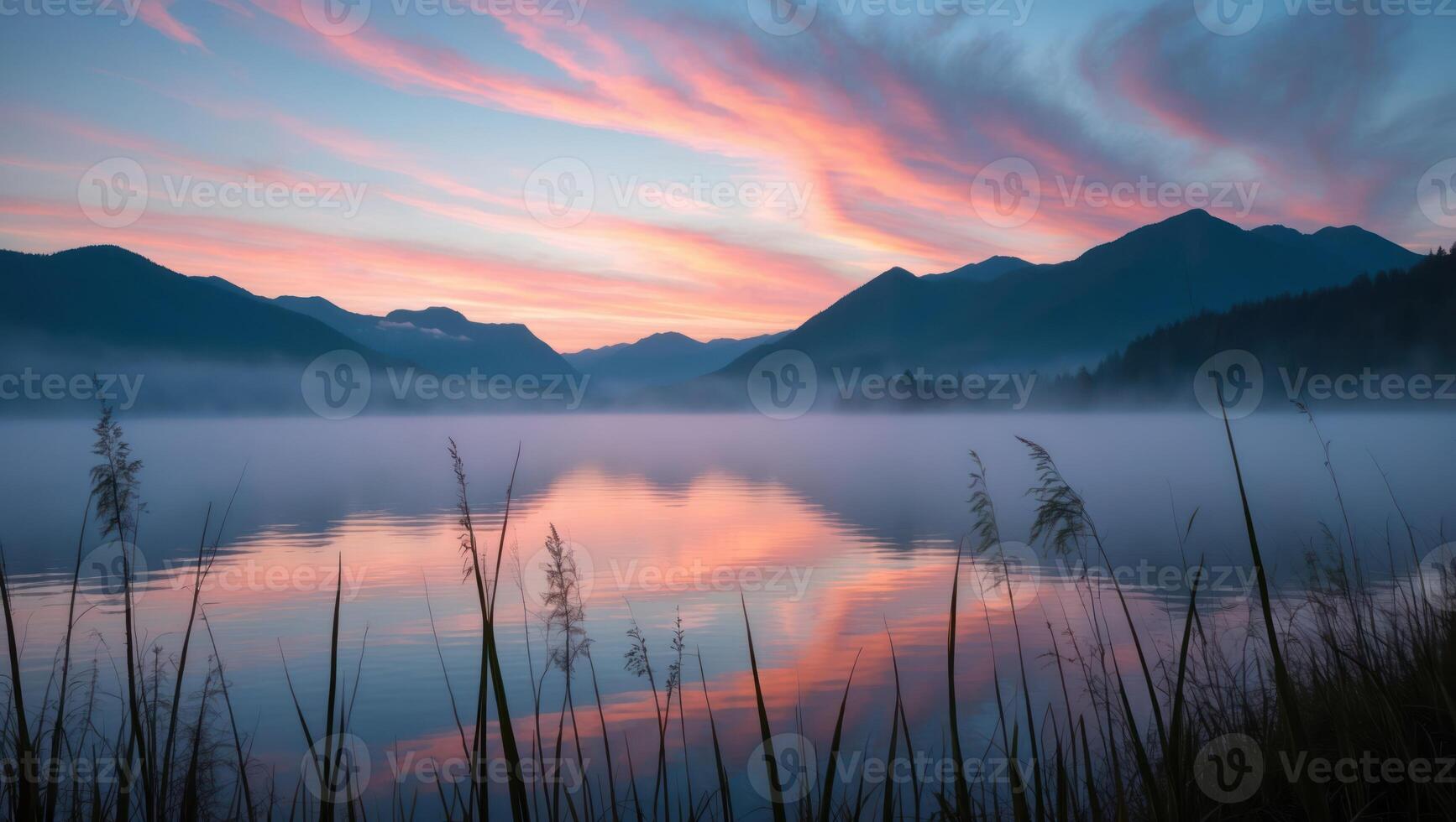 Still Lake Reflection at Dusk with Mountain Backdrop and Pink Sky photo