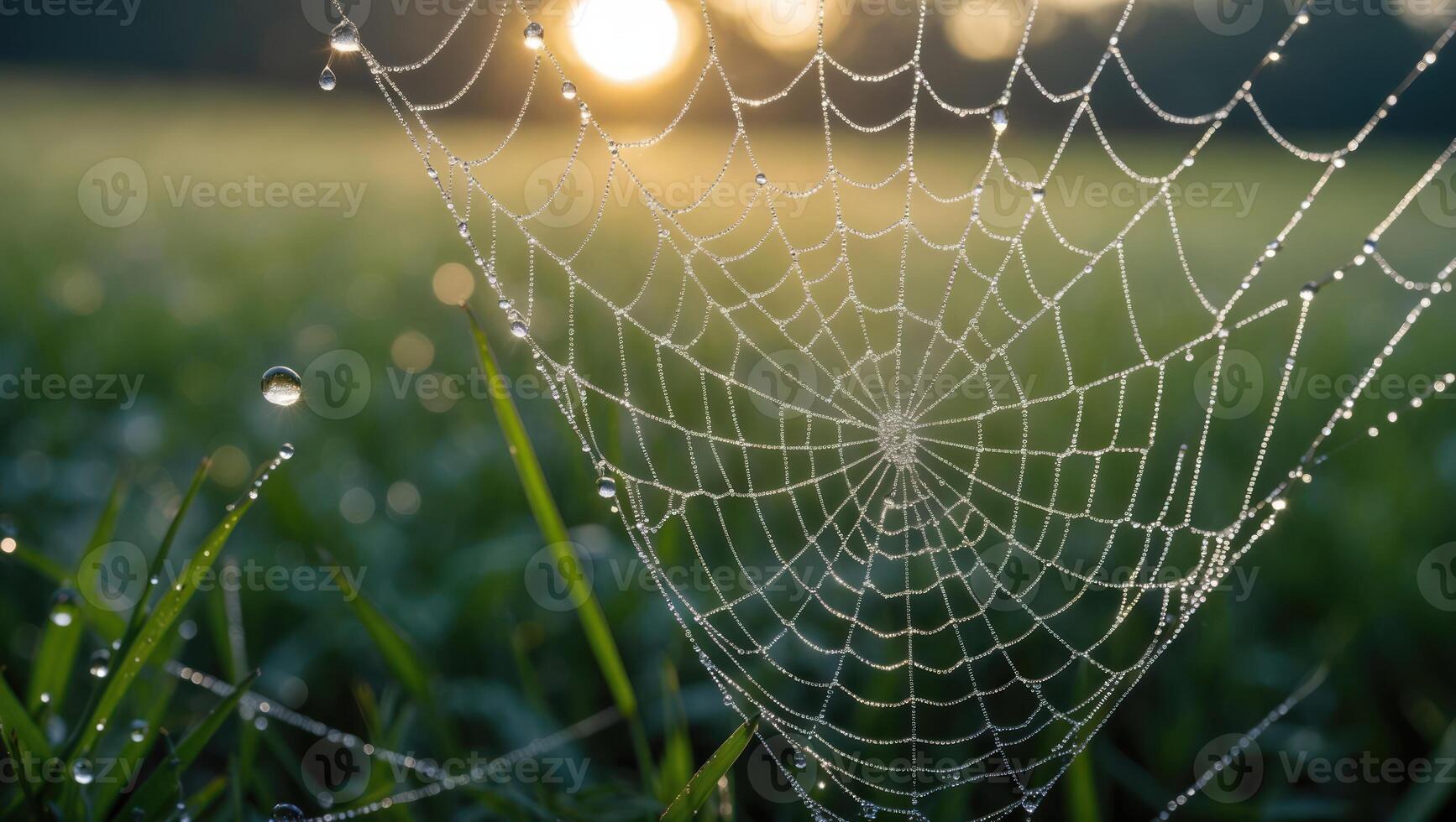Spiderweb Covered in Dew Drops at Sunrise in a Meadow photo