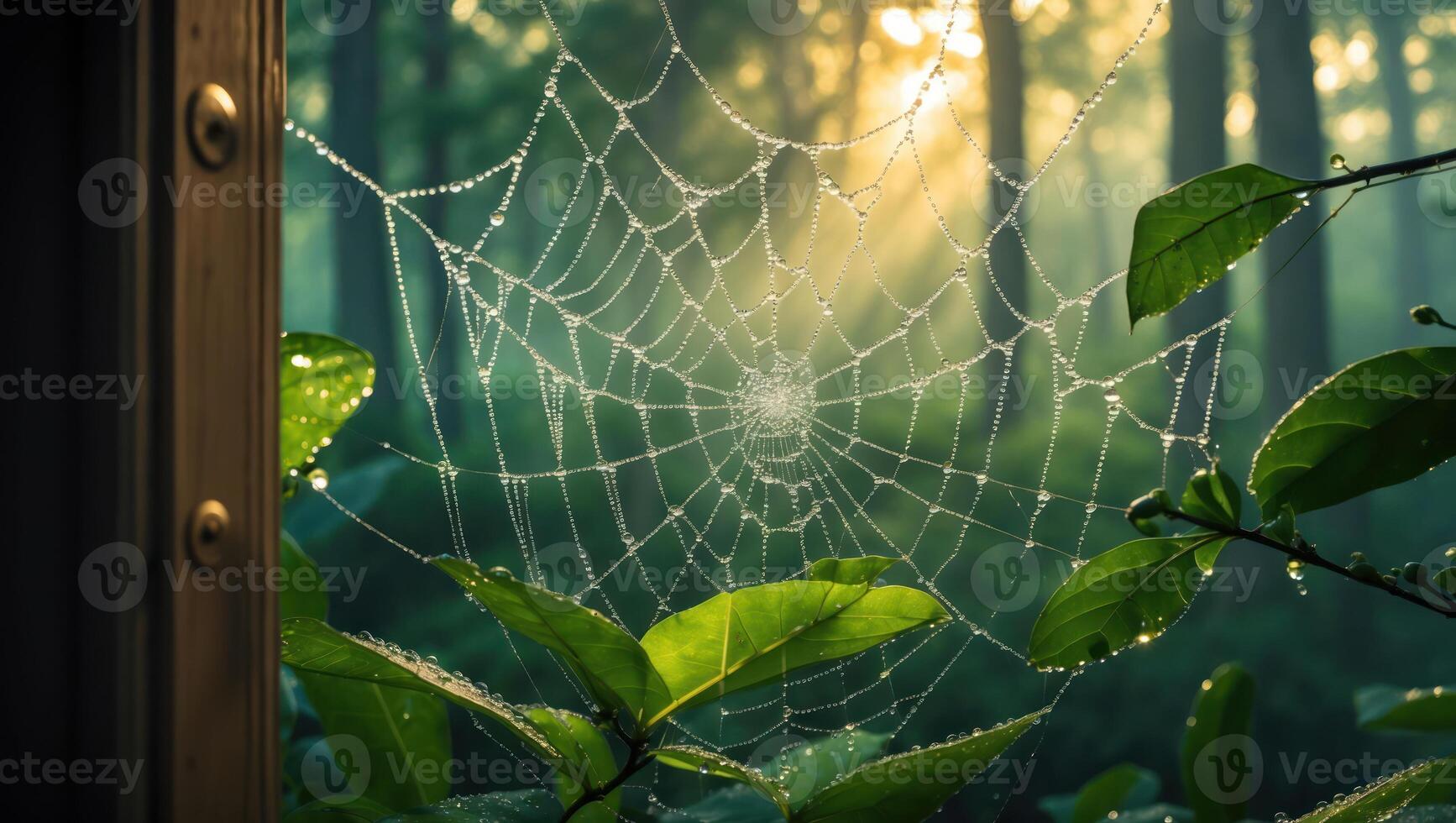 Spiderweb Dew Drops Sparkling in Morning Light in Forest Setting photo
