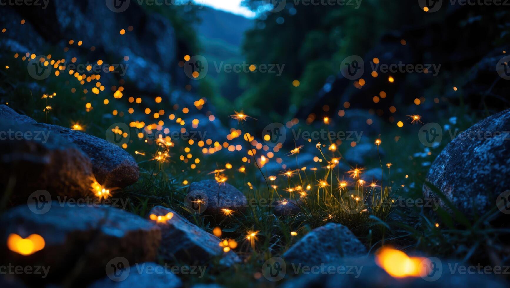 Glowing Lights in Grassy Field Creating Magical Nighttime Scene photo