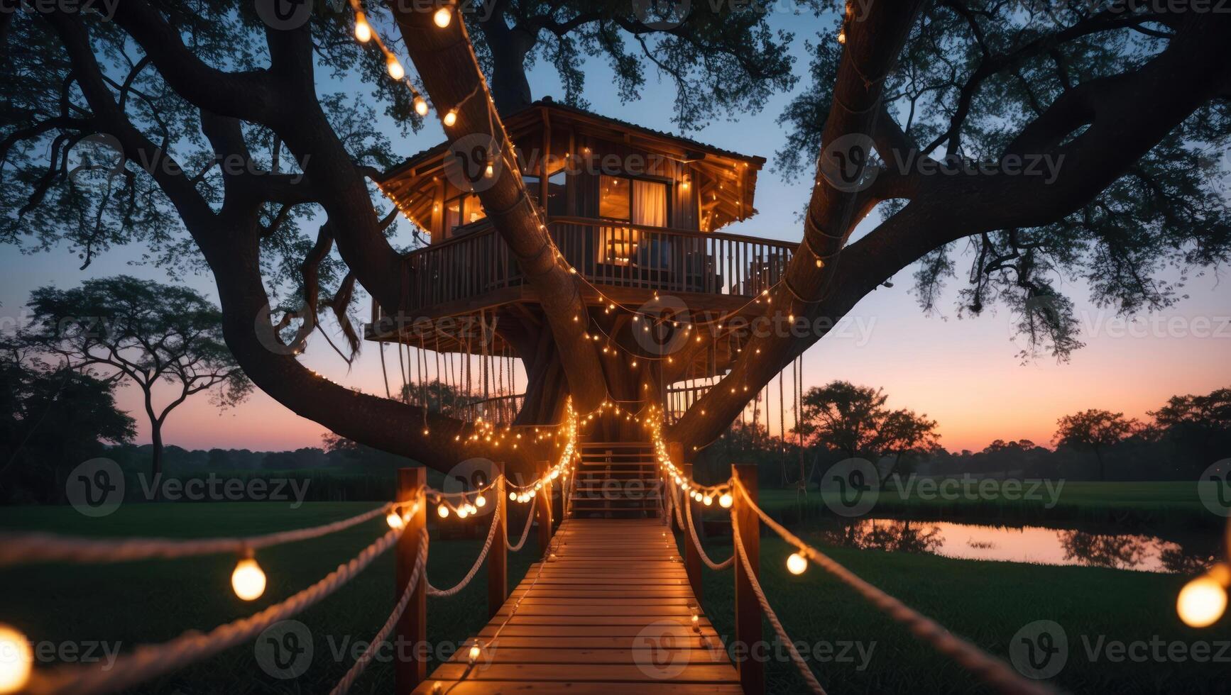 Treehouse Glow at Dusk a Whimsical Escape with String Lights photo