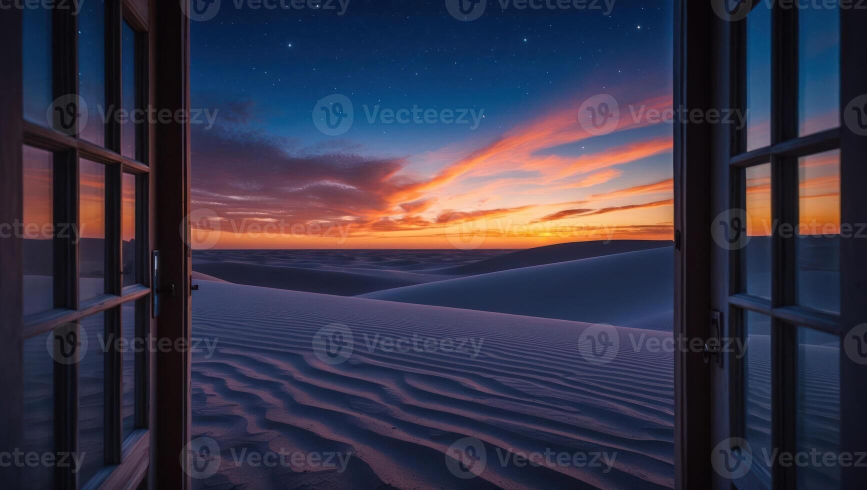 Open Window View of Desert Landscape at Dusk with Dramatic Sky photo
