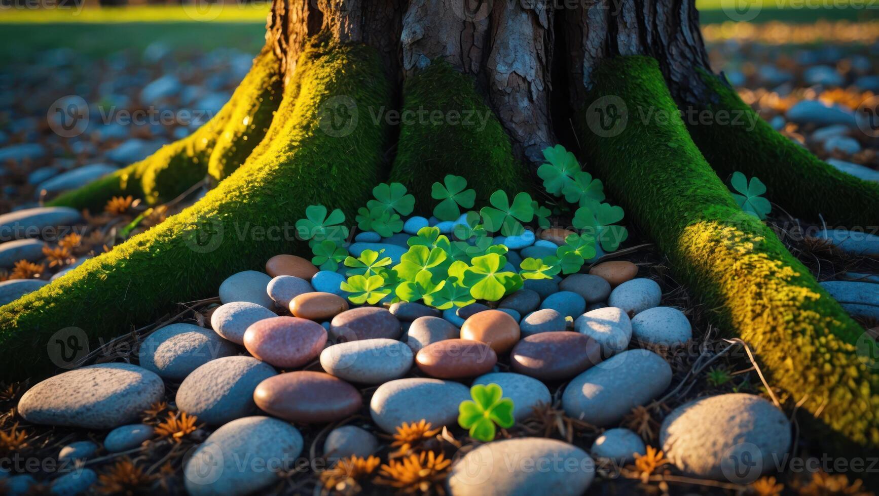 Lucky Clovers Around Mossy Tree Roots Resting on Smooth Stones photo