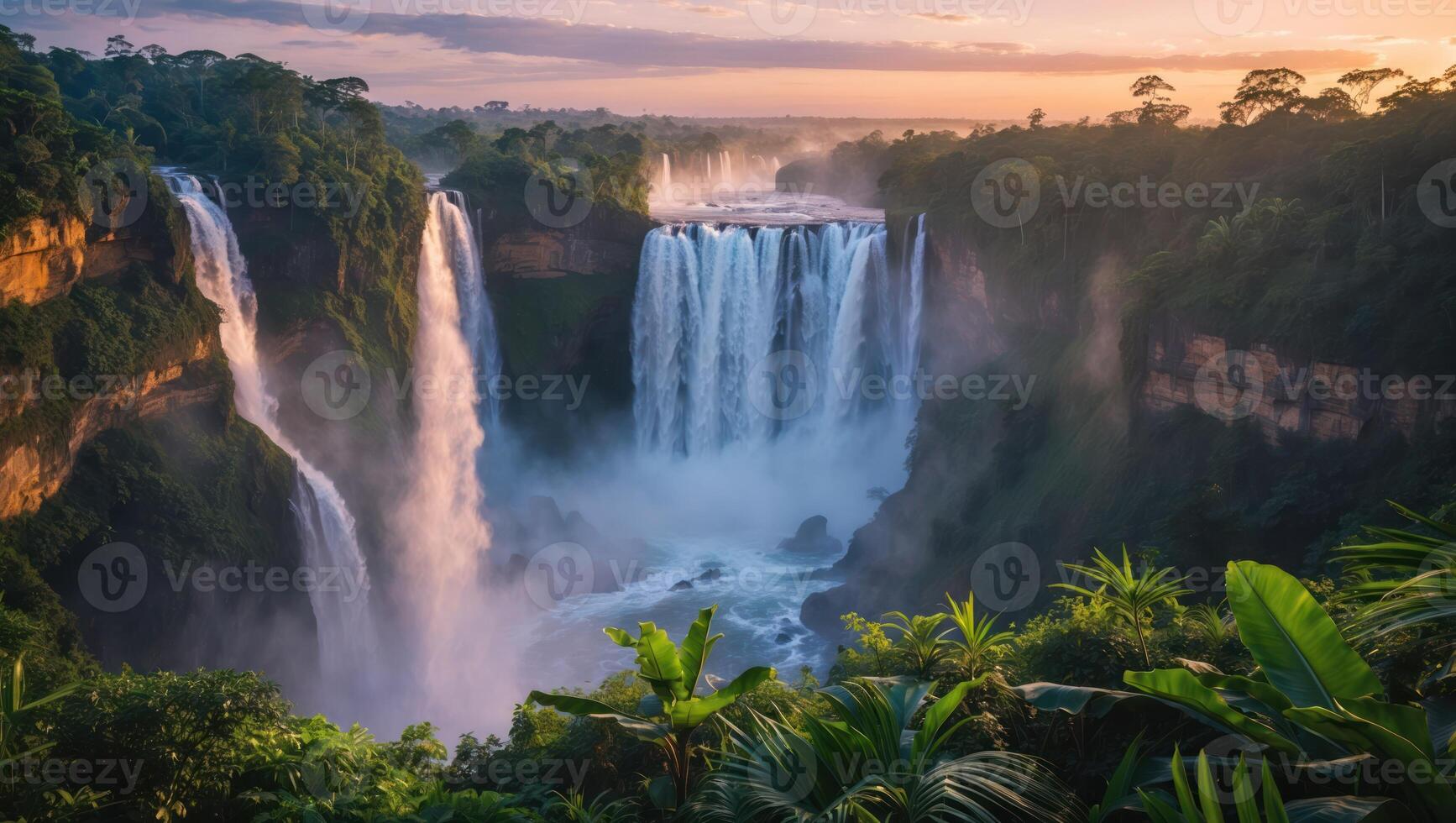 Majestic Waterfall Cascade Through Lush Green Jungle Landscape Scenery photo