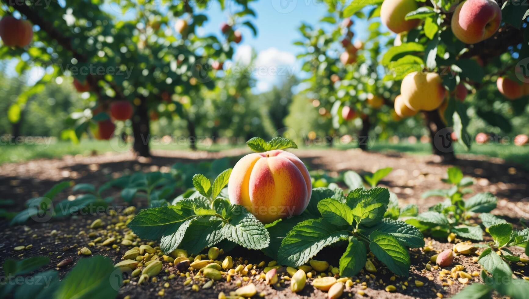 Ripe Peach Nestled Among Mint Leaves in Orchard Setting photo