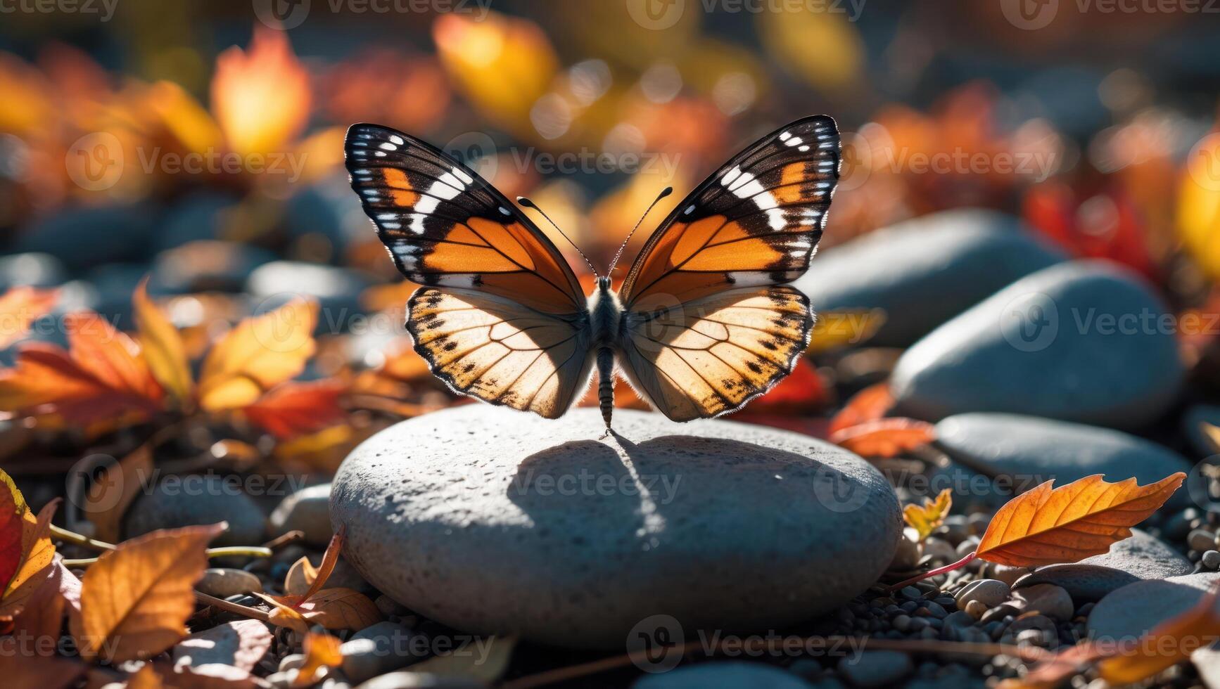 Butterfly Resting on Stone Amidst Autumn Leaves and Pebbles photo