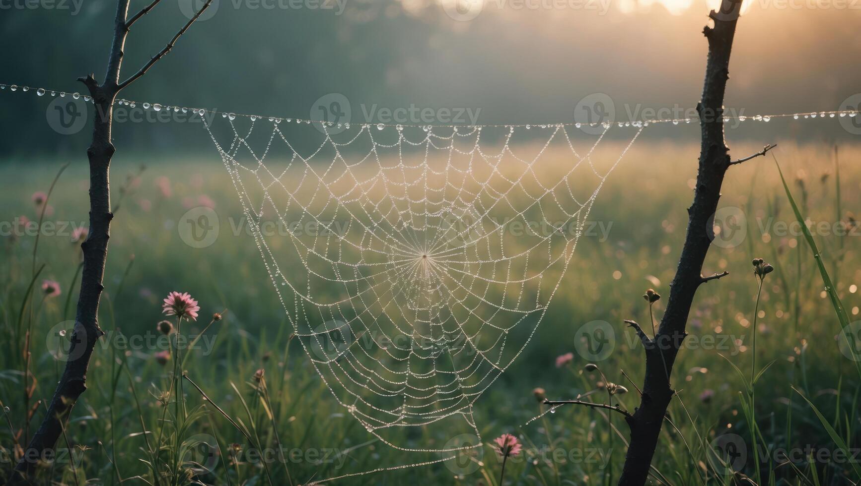 Spiderweb with Dew Drops in a Morning Meadow at Sunrise photo