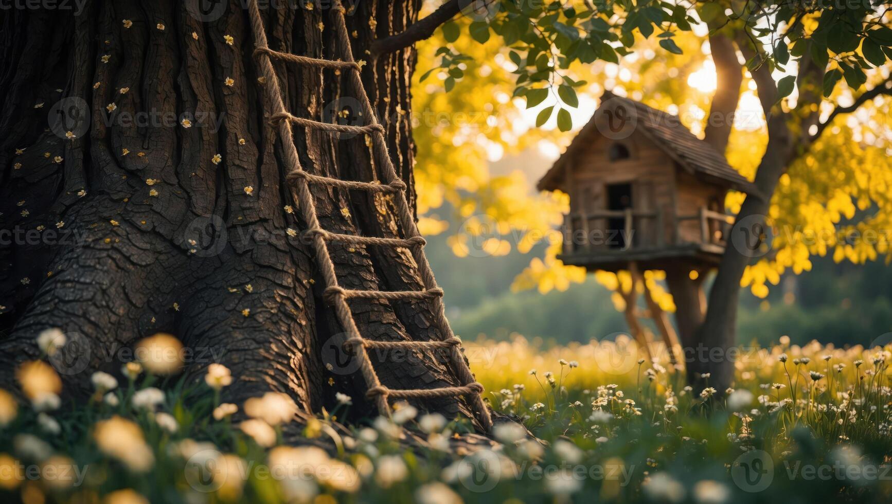 Tree House in Meadow with Rope Ladder and Golden Sunlight photo