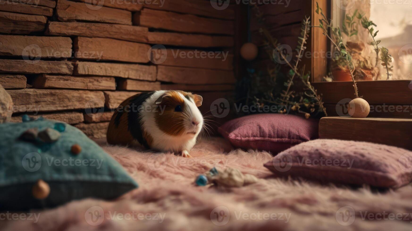 Guinea Pig Relaxing on a Fluffy Rug with Pillows Indoors photo