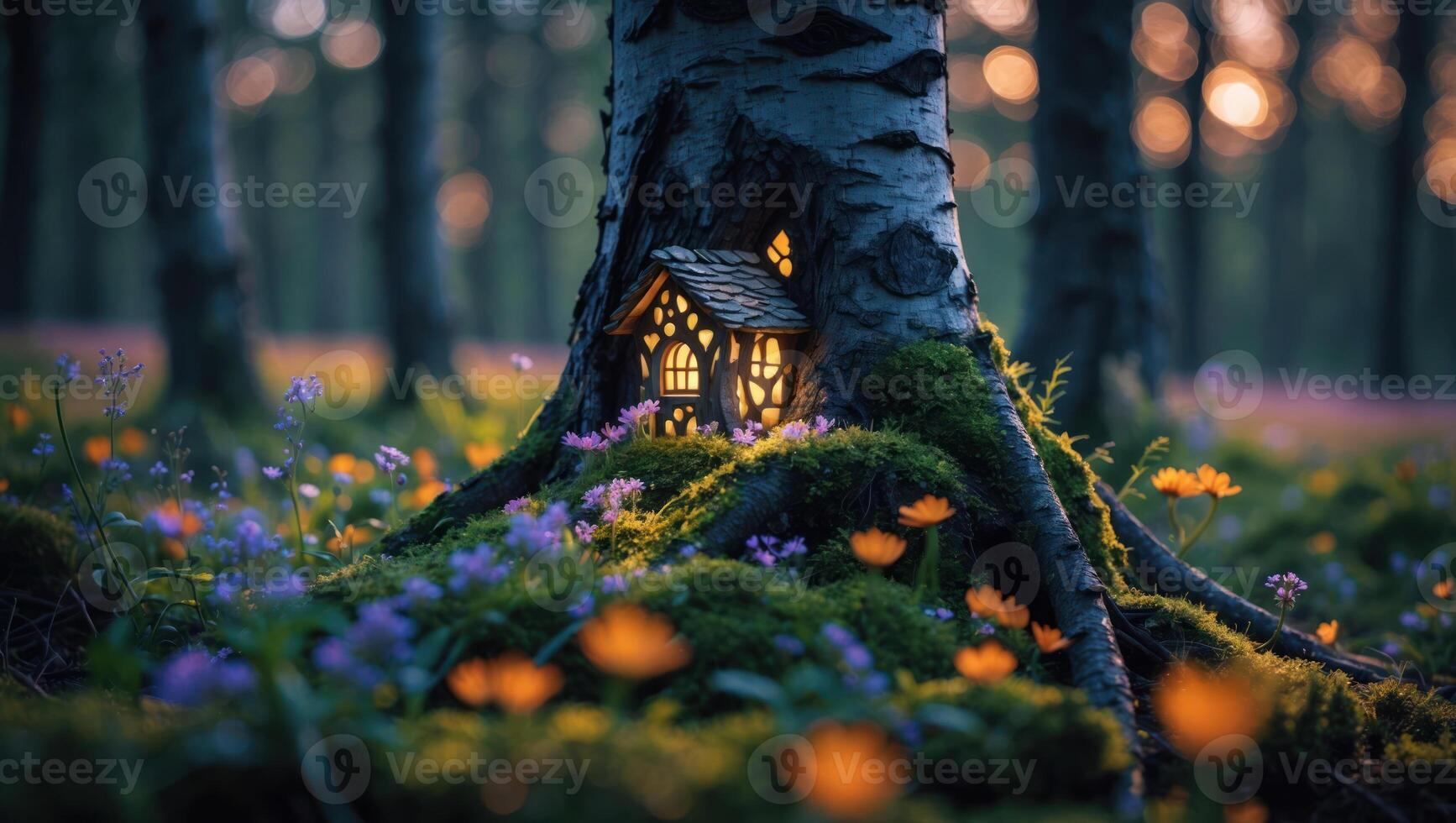 Glowing Tree House in Enchanted Forest with Wildflower Meadow photo