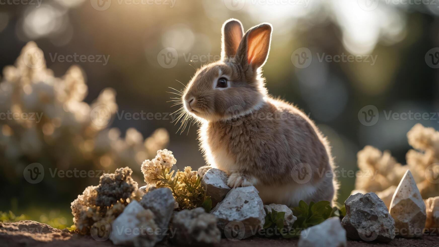 Adorable Brown Rabbit Sitting Amongst Rocks and Flowers in Sunlight photo