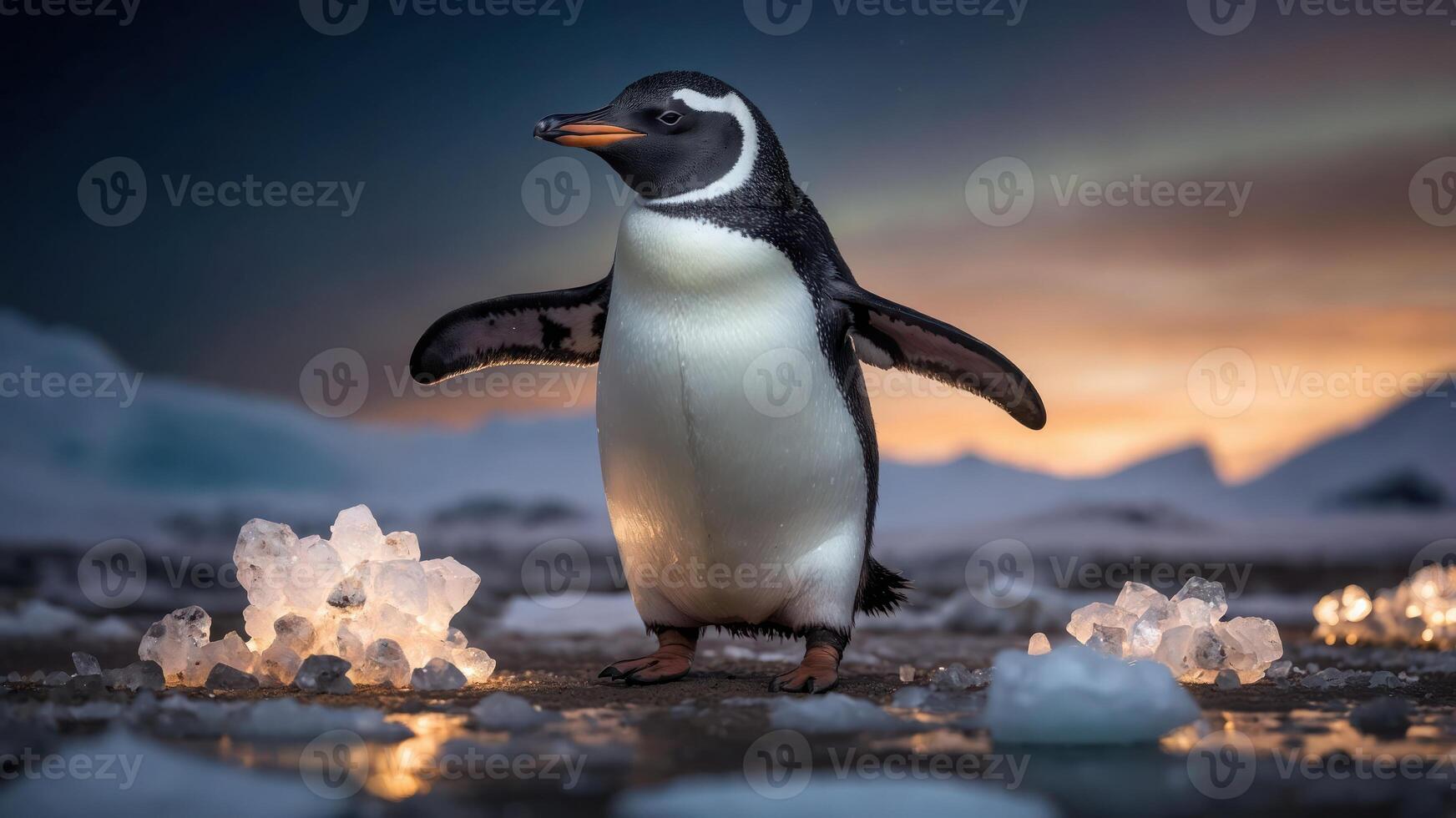 Gentoo Penguin Standing on Ice Crystals with Twilight Sky Background photo