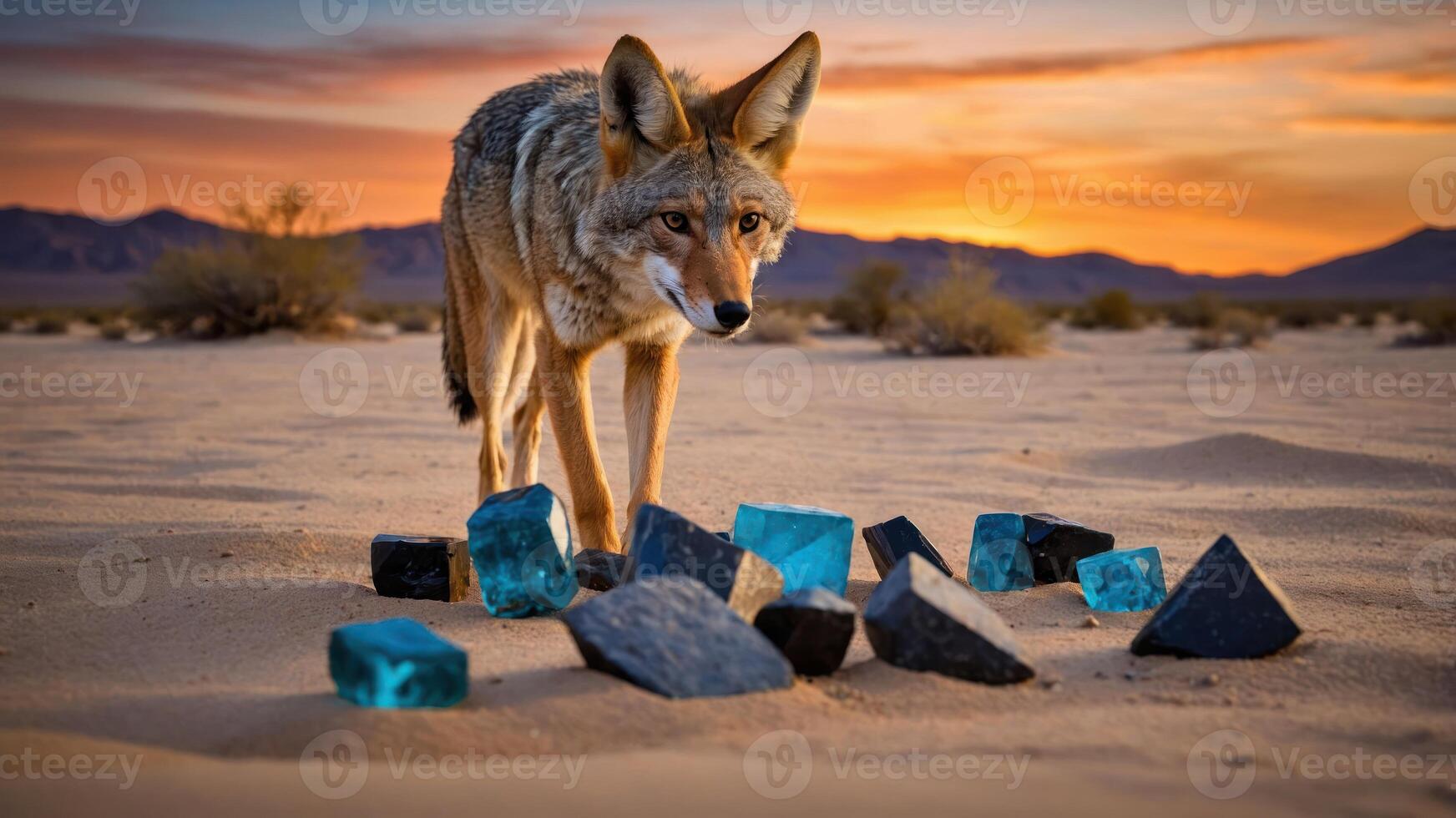 Coyote in Desert Investigating Cubes at Colorful Sunset Horizon photo